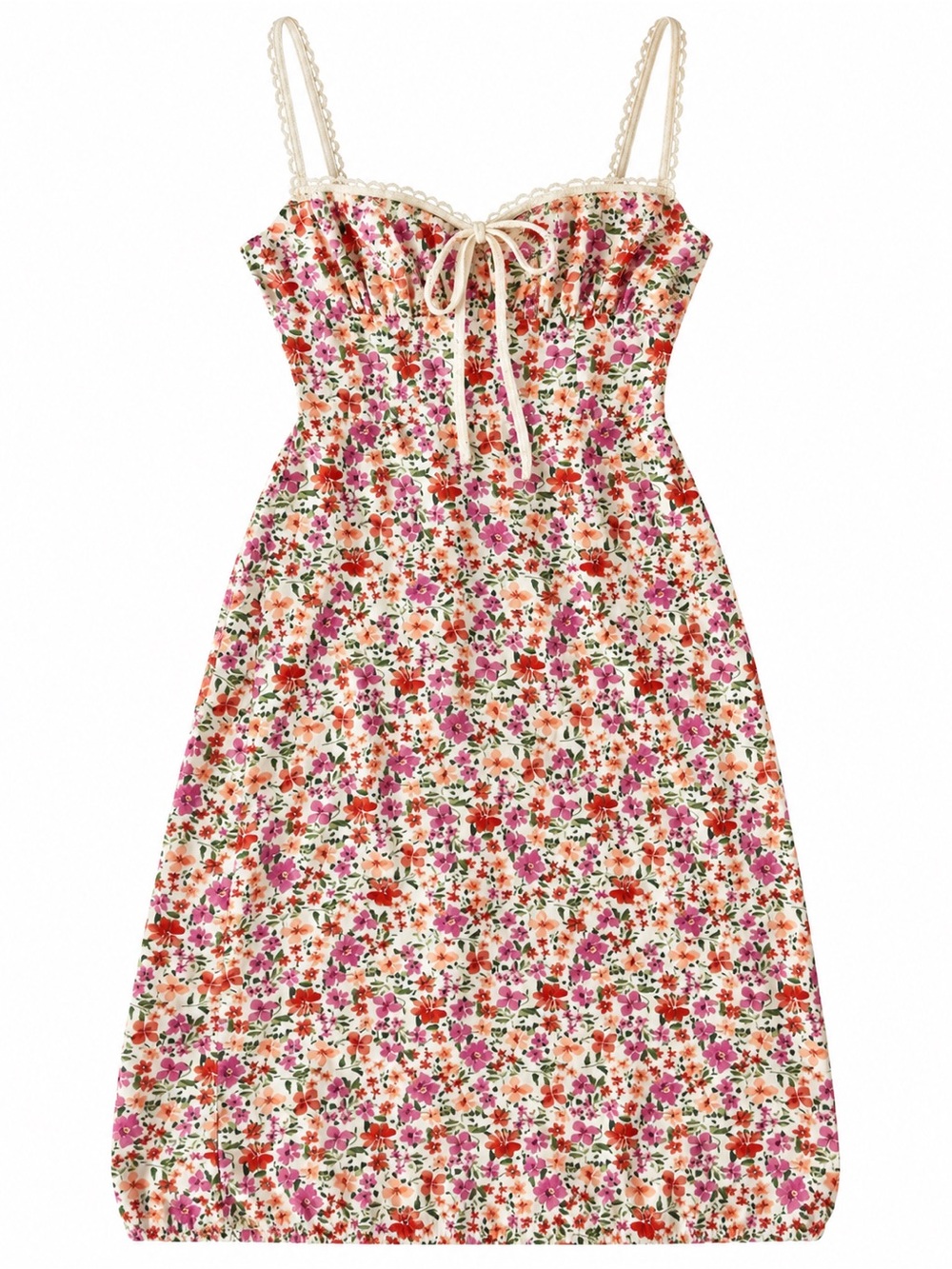 Floral Tie-Front Midi Dress in Cream with Pink & Orange Print